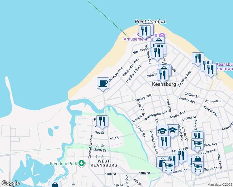 map of restaurants, bars, coffee shops, grocery stores, and more near 135 Highland Boulevard in Keansburg