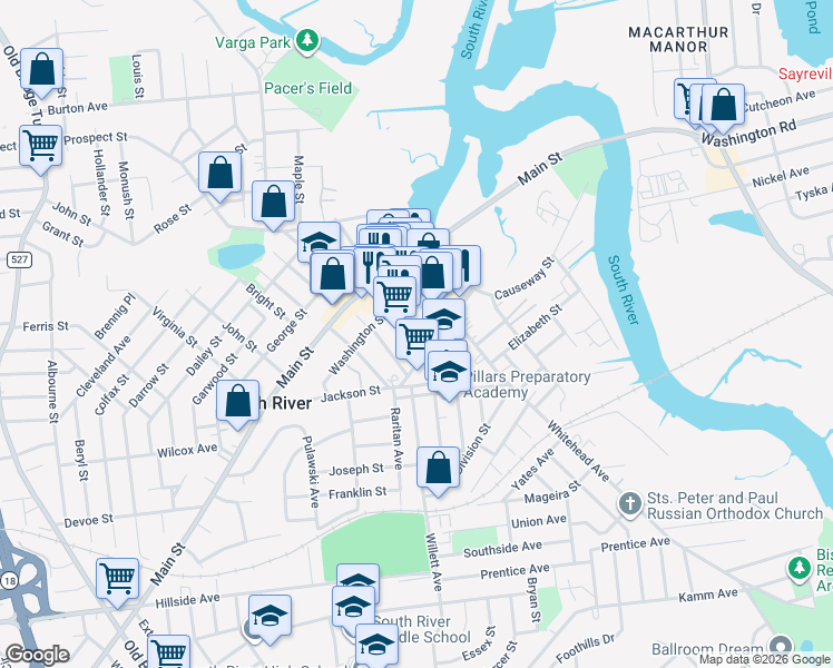 map of restaurants, bars, coffee shops, grocery stores, and more near 13 Marks Place in South River