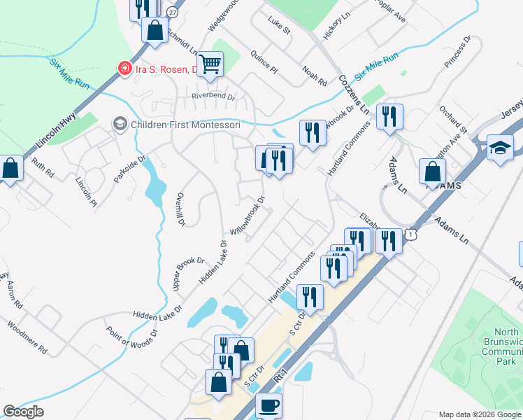 map of restaurants, bars, coffee shops, grocery stores, and more near 363 Willowbrook Drive in North Brunswick Township