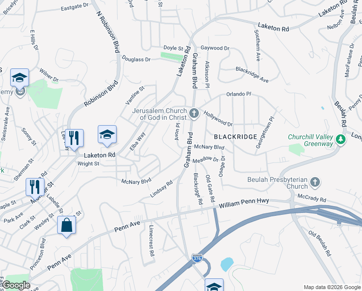 map of restaurants, bars, coffee shops, grocery stores, and more near 1444 Avon Place in Pittsburgh
