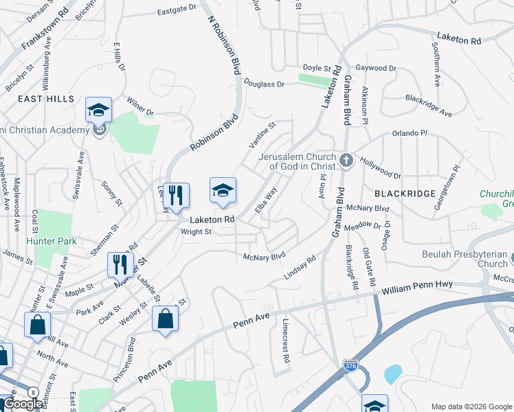 map of restaurants, bars, coffee shops, grocery stores, and more near 2020 Laketon Road in Pittsburgh
