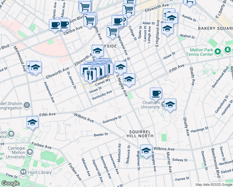 map of restaurants, bars, coffee shops, grocery stores, and more near 5619 Kentucky Avenue in Pittsburgh