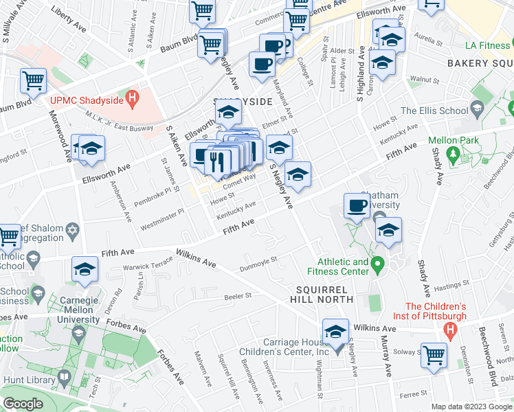 map of restaurants, bars, coffee shops, grocery stores, and more near 5526 Howe Street in Pittsburgh