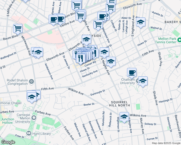 map of restaurants, bars, coffee shops, grocery stores, and more near 5518 Walnut Street in Pittsburgh