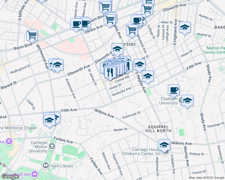 map of restaurants, bars, coffee shops, grocery stores, and more near 5518 Walnut Street in Pittsburgh