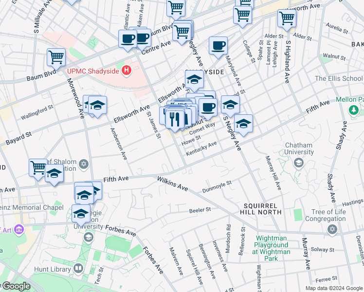 map of restaurants, bars, coffee shops, grocery stores, and more near 5418 Walnut Street in Pittsburgh