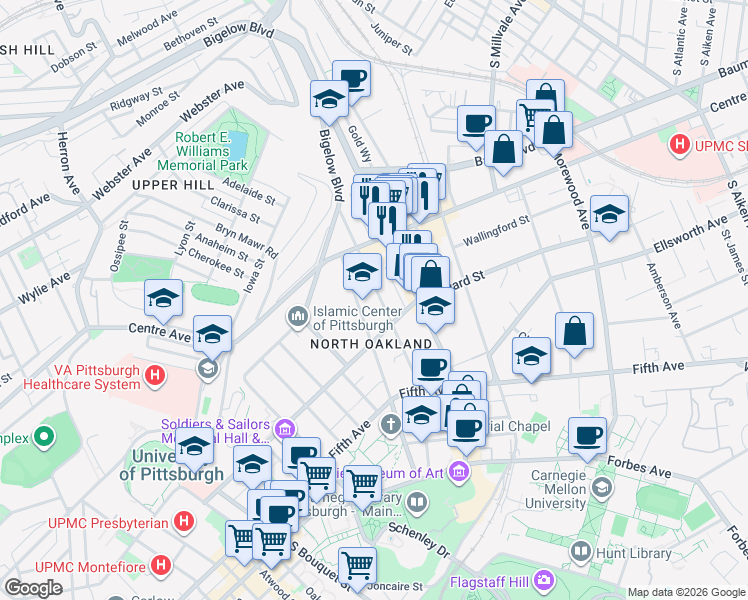 map of restaurants, bars, coffee shops, grocery stores, and more near 259 North Dithridge Street in Pittsburgh
