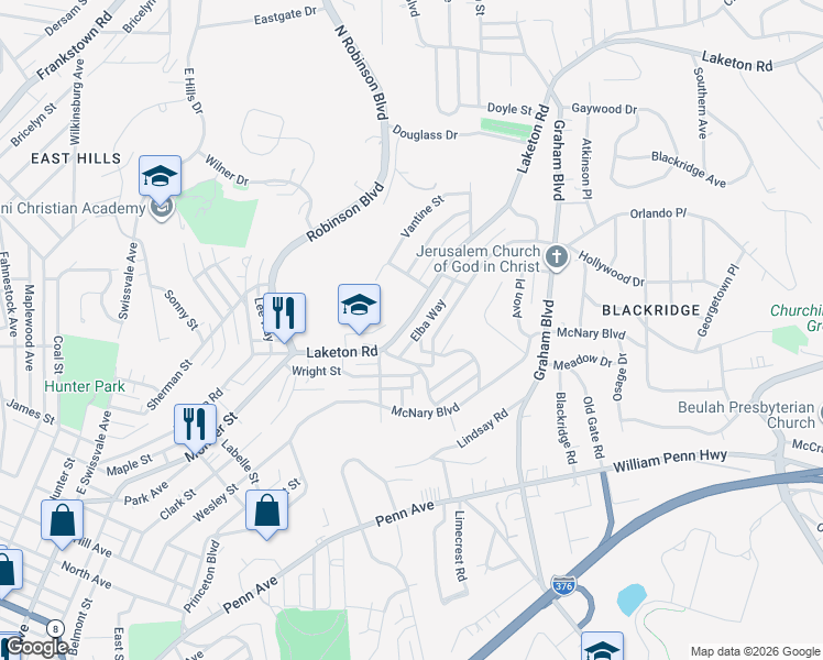 map of restaurants, bars, coffee shops, grocery stores, and more near 2020 Laketon Road in Pittsburgh