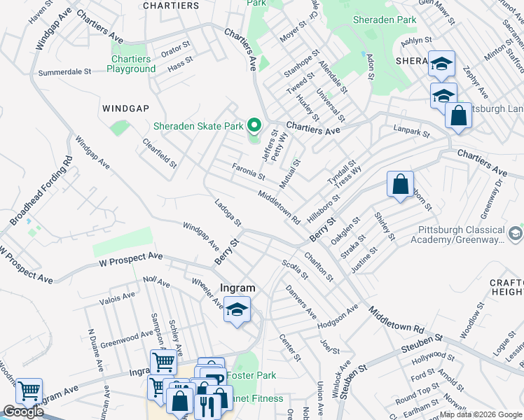 map of restaurants, bars, coffee shops, grocery stores, and more near 3100 Middletown Road in Pittsburgh