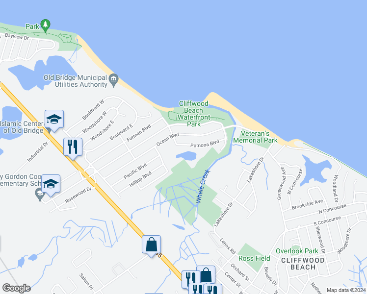 map of restaurants, bars, coffee shops, grocery stores, and more near 119 Pomona Boulevard in Keyport
