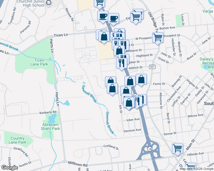 map of restaurants, bars, coffee shops, grocery stores, and more near 339 Highway 18 in East Brunswick