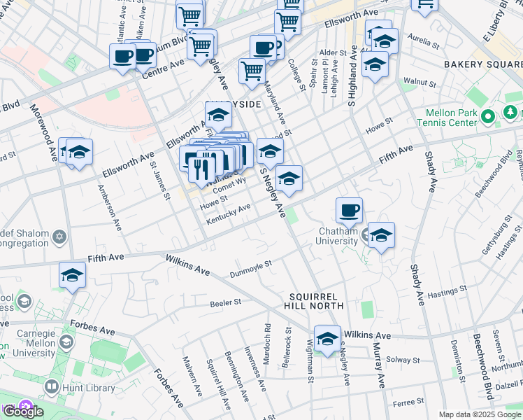 map of restaurants, bars, coffee shops, grocery stores, and more near 5609 Fifth Avenue in Pittsburgh