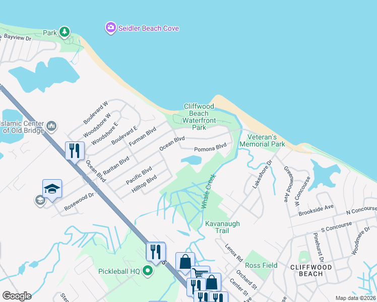map of restaurants, bars, coffee shops, grocery stores, and more near 119 Pomona Boulevard in Keyport