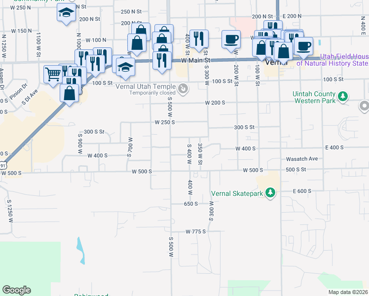 map of restaurants, bars, coffee shops, grocery stores, and more near 355 South 400 West in Vernal