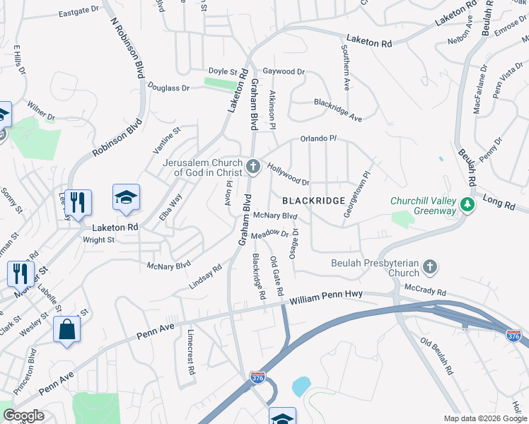 map of restaurants, bars, coffee shops, grocery stores, and more near 1528 Graham Boulevard in Pittsburgh