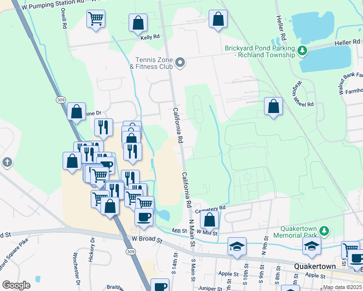 map of restaurants, bars, coffee shops, grocery stores, and more near 297 California Road in Quakertown