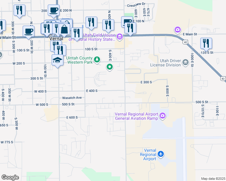 map of restaurants, bars, coffee shops, grocery stores, and more near 409 East 400 South in Vernal