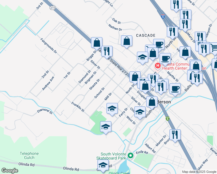 map of restaurants, bars, coffee shops, grocery stores, and more near 3250 Silver Street in Anderson