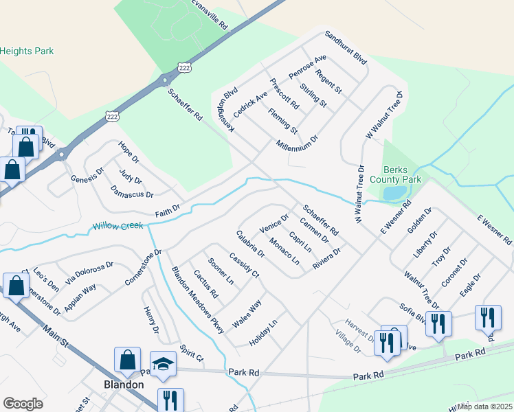 map of restaurants, bars, coffee shops, grocery stores, and more near 510 Calabria Drive in Blandon