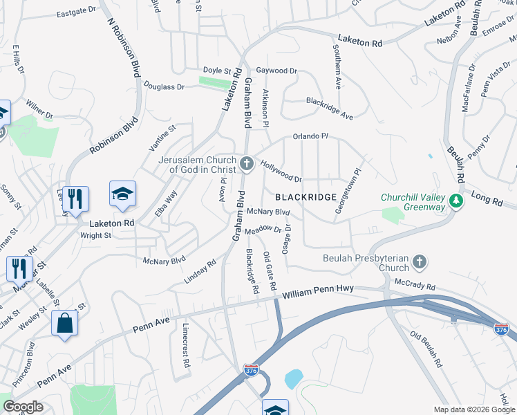 map of restaurants, bars, coffee shops, grocery stores, and more near 1528 Graham Boulevard in Pittsburgh