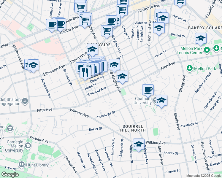 map of restaurants, bars, coffee shops, grocery stores, and more near 5619 Kentucky Avenue in Pittsburgh