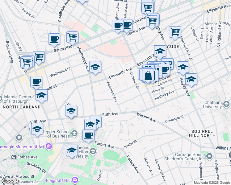map of restaurants, bars, coffee shops, grocery stores, and more near 632 Pitcairn Place in Pittsburgh