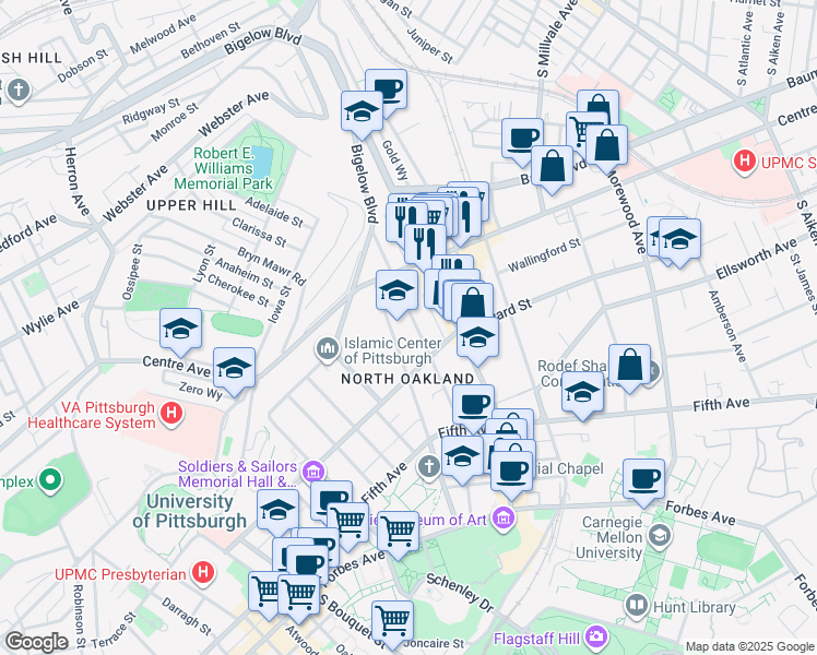 map of restaurants, bars, coffee shops, grocery stores, and more near 259 North Dithridge Street in Pittsburgh