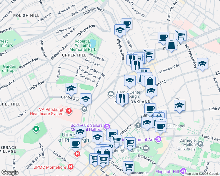 map of restaurants, bars, coffee shops, grocery stores, and more near 4363 Schenley Farms Terrace in Pittsburgh