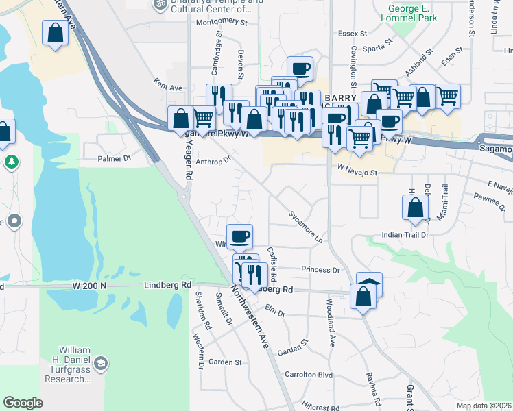 map of restaurants, bars, coffee shops, grocery stores, and more near in West Lafayette
