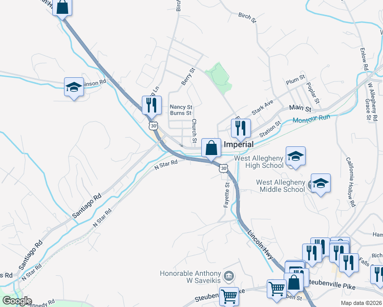 map of restaurants, bars, coffee shops, grocery stores, and more near Montour Trail in Imperial
