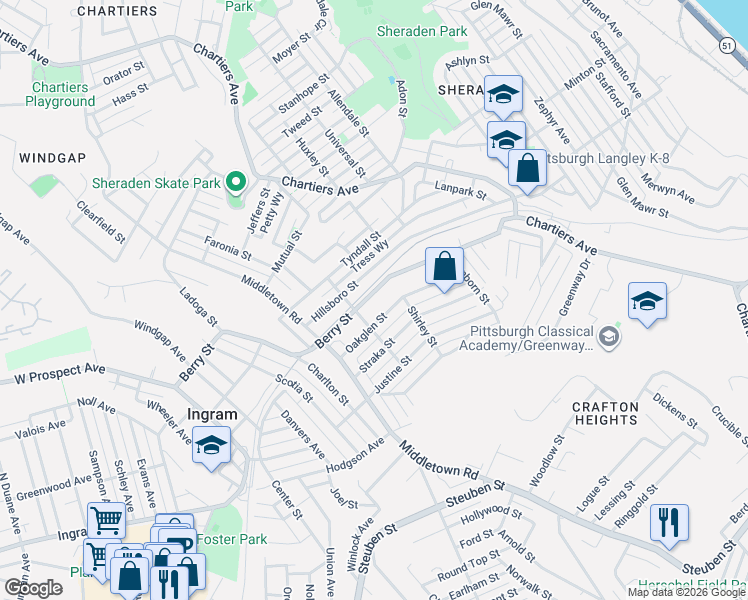 map of restaurants, bars, coffee shops, grocery stores, and more near 1305 Hillsboro Street in Pittsburgh