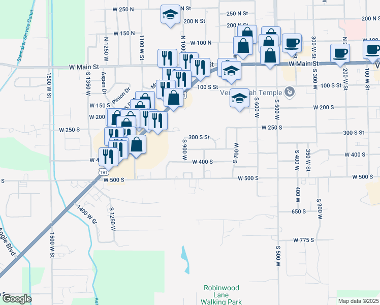 map of restaurants, bars, coffee shops, grocery stores, and more near 883 West 350 South in Vernal