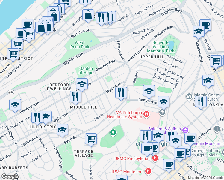 map of restaurants, bars, coffee shops, grocery stores, and more near 2847 Wylie Avenue in Pittsburgh
