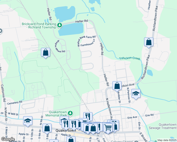 map of restaurants, bars, coffee shops, grocery stores, and more near 1160 Schoolhouse Lane in Quakertown