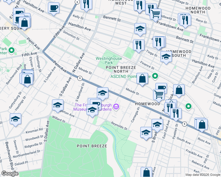 map of restaurants, bars, coffee shops, grocery stores, and more near 7123 Penn Avenue in Pittsburgh
