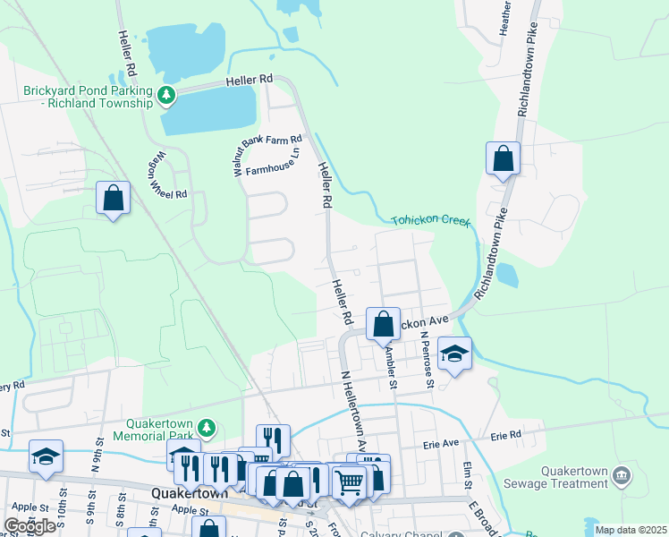 map of restaurants, bars, coffee shops, grocery stores, and more near 223 Plymouth Court in Quakertown