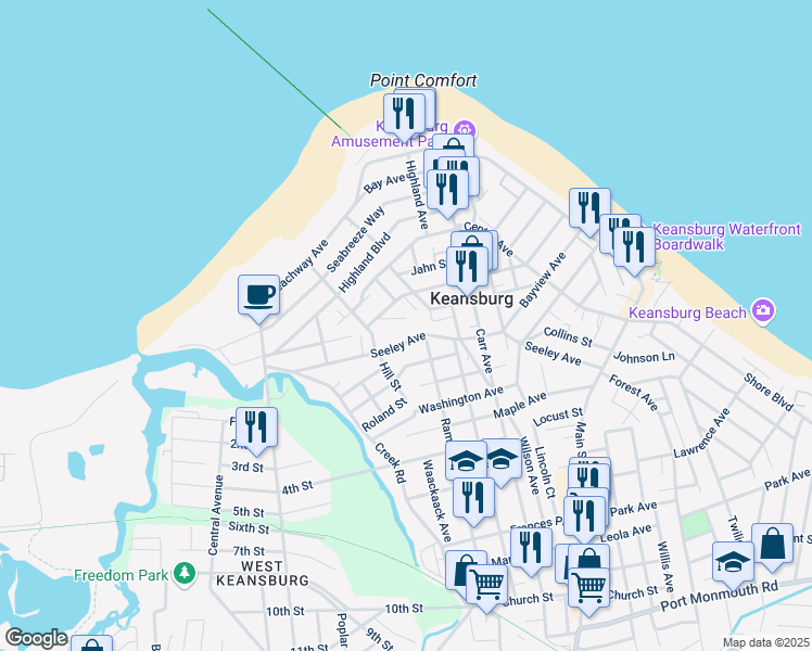 map of restaurants, bars, coffee shops, grocery stores, and more near 2 Saint Marks Place in Keansburg