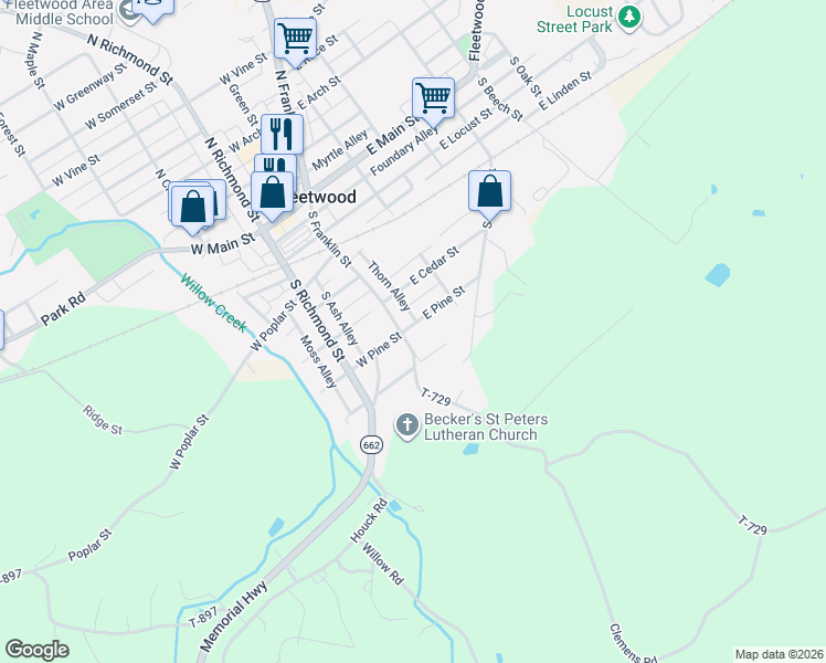 map of restaurants, bars, coffee shops, grocery stores, and more near 321 South Franklin Street in Fleetwood