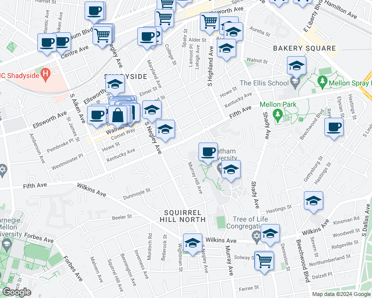 map of restaurants, bars, coffee shops, grocery stores, and more near 5780 Fifth Avenue in Pittsburgh