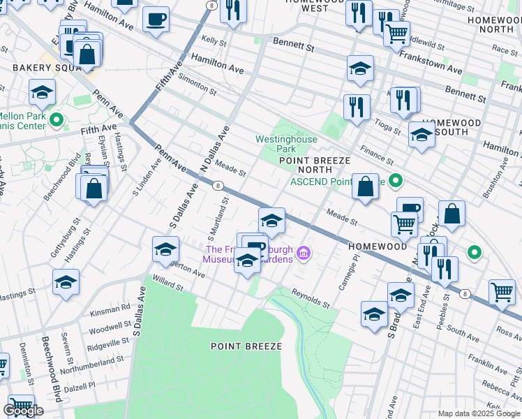 map of restaurants, bars, coffee shops, grocery stores, and more near 7040 Penn Avenue in Pittsburgh