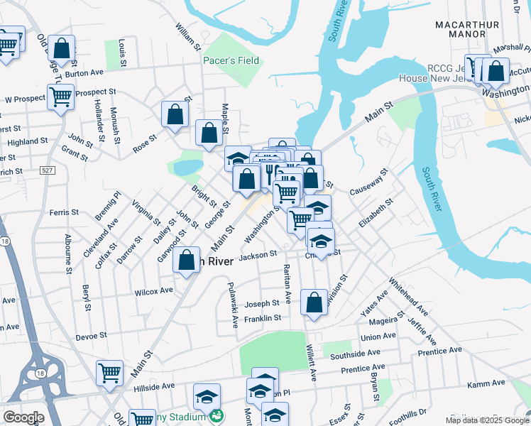 map of restaurants, bars, coffee shops, grocery stores, and more near 27 Washington Street in South River