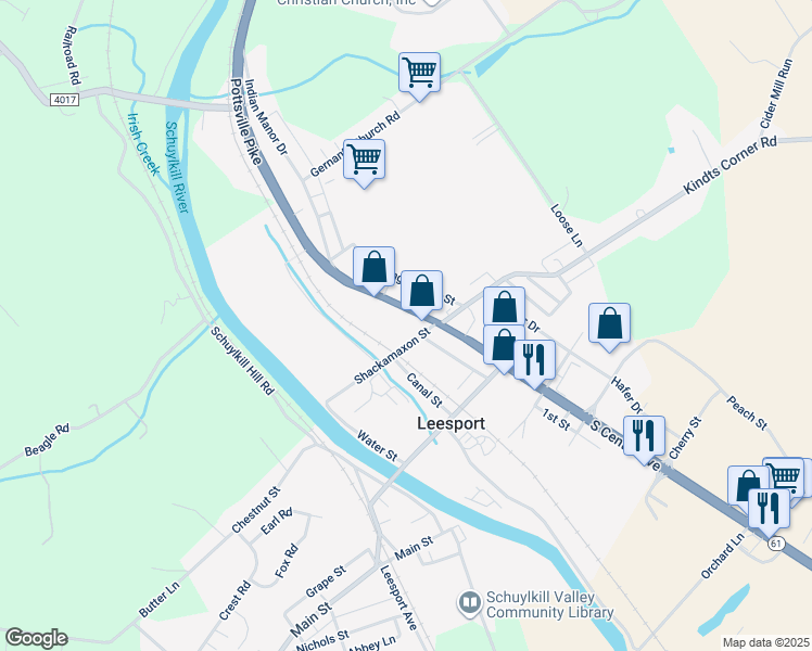 map of restaurants, bars, coffee shops, grocery stores, and more near 121 North Centre Avenue in Leesport