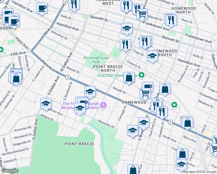 map of restaurants, bars, coffee shops, grocery stores, and more near 219 North Homewood Avenue in Pittsburgh