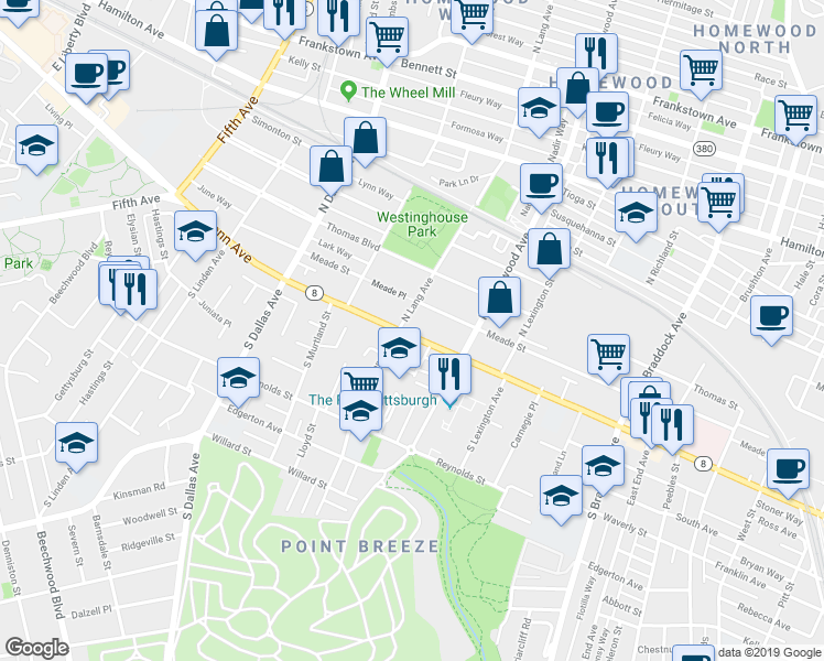 map of restaurants, bars, coffee shops, grocery stores, and more near 7056 Meade Place in Pittsburgh