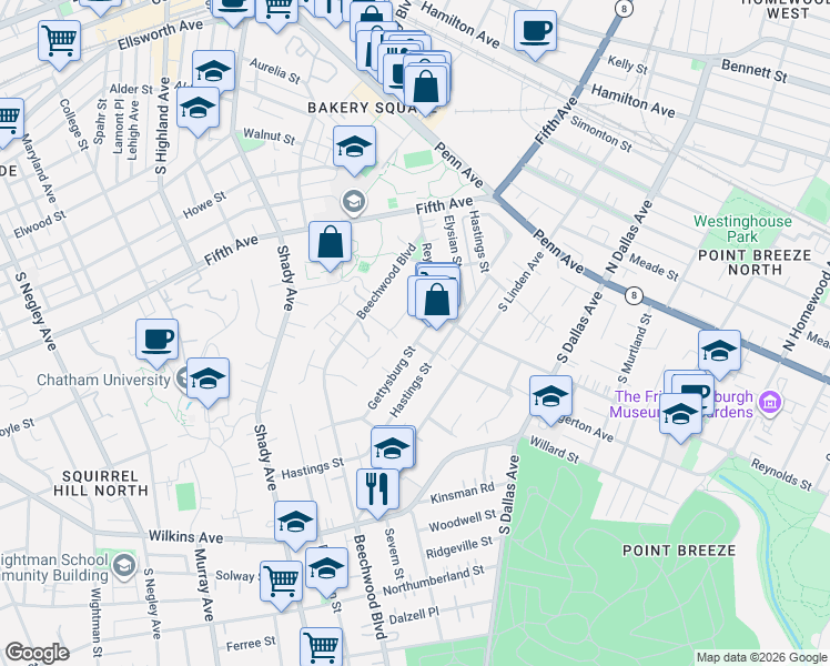 map of restaurants, bars, coffee shops, grocery stores, and more near 1065 Lyndhurst Drive in Pittsburgh