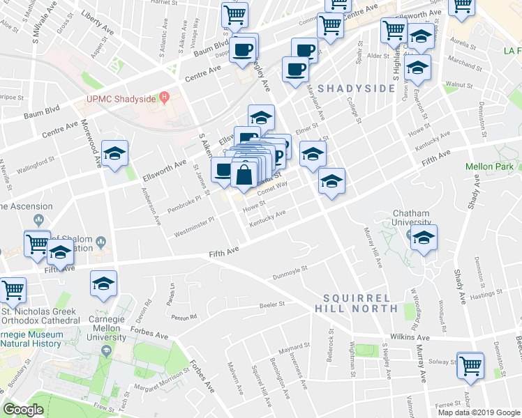 map of restaurants, bars, coffee shops, grocery stores, and more near 5518 Walnut Street in Pittsburgh