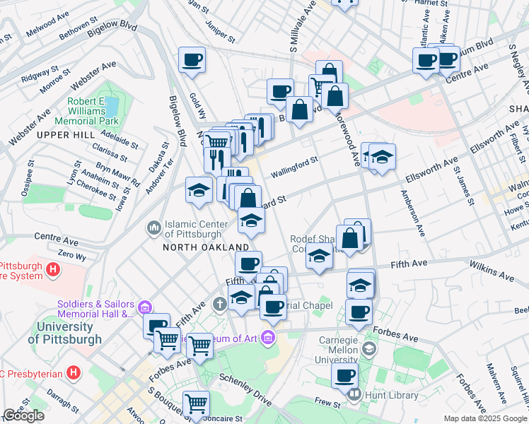 map of restaurants, bars, coffee shops, grocery stores, and more near 501 North Neville Street in Pittsburgh