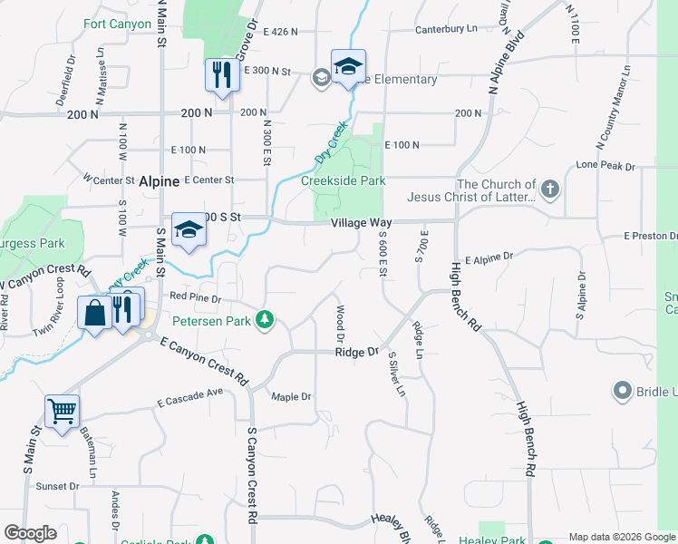 map of restaurants, bars, coffee shops, grocery stores, and more near 485 Silver Leaf Drive in Alpine