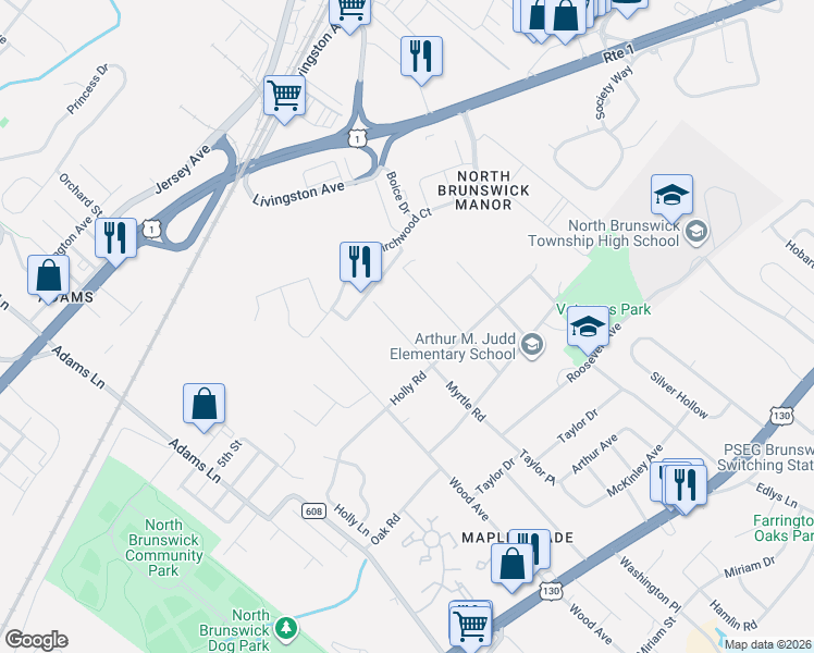 map of restaurants, bars, coffee shops, grocery stores, and more near 727 Myrtle Road in North Brunswick Township
