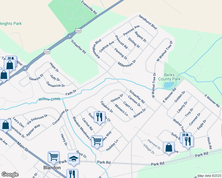 map of restaurants, bars, coffee shops, grocery stores, and more near 508 Calabria Drive in Blandon